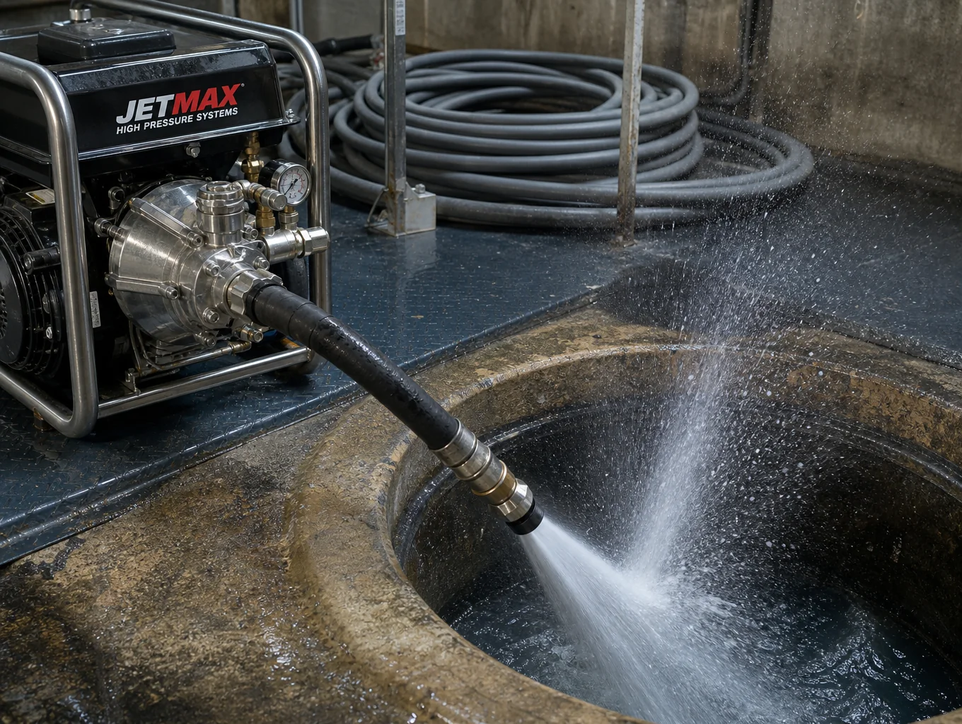 High-pressure drain jetting equipment in operation