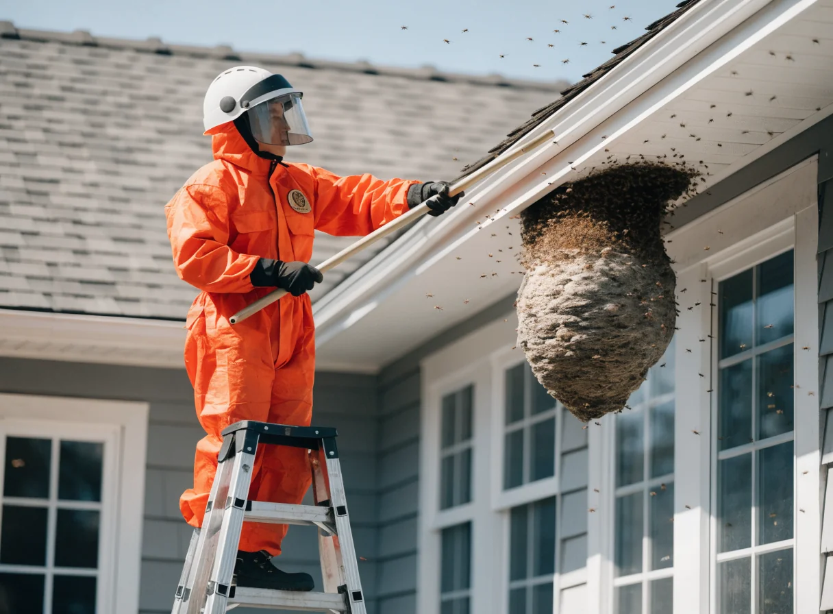 Emergency pest response technician in full safety gear