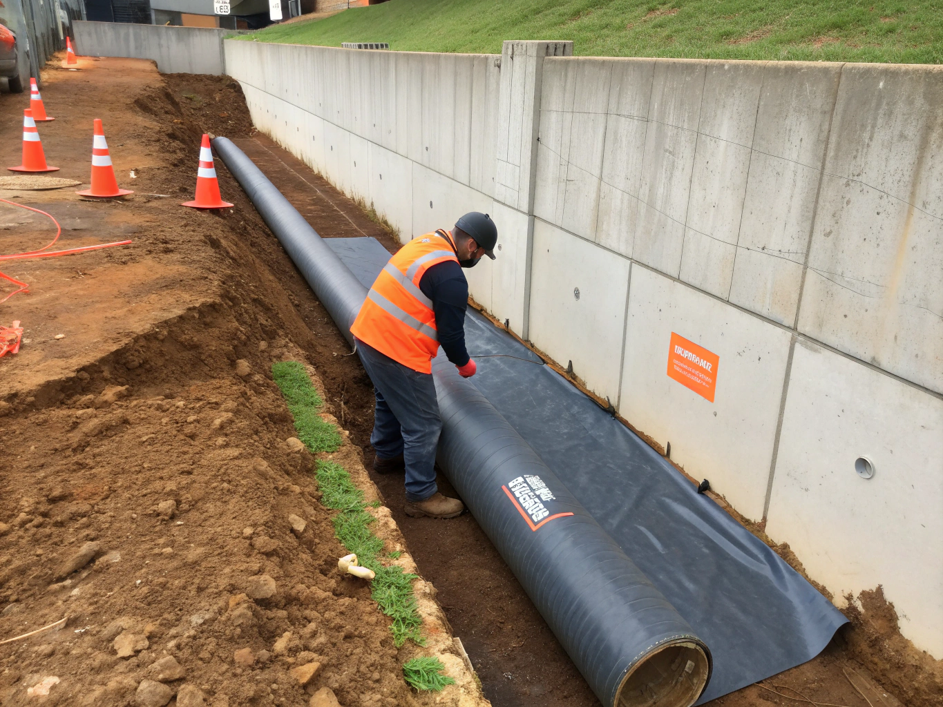 Branded Kordon orange or HomeGuard blue composite sheet membrane installed at slab edge showing laminated sheet texture