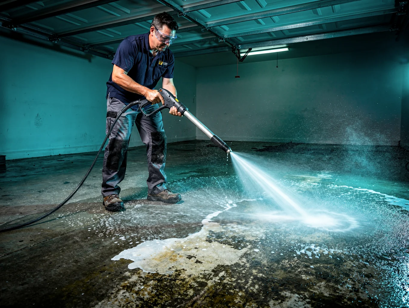 Industrial steam pressure cleaning of warehouse loading bay concrete floor