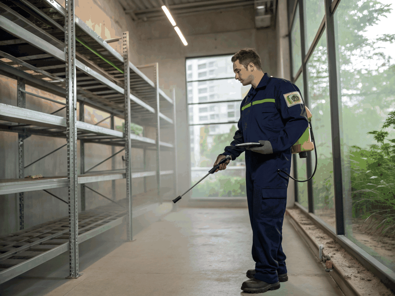 Technician performing professional pest control inspection in commercial facility