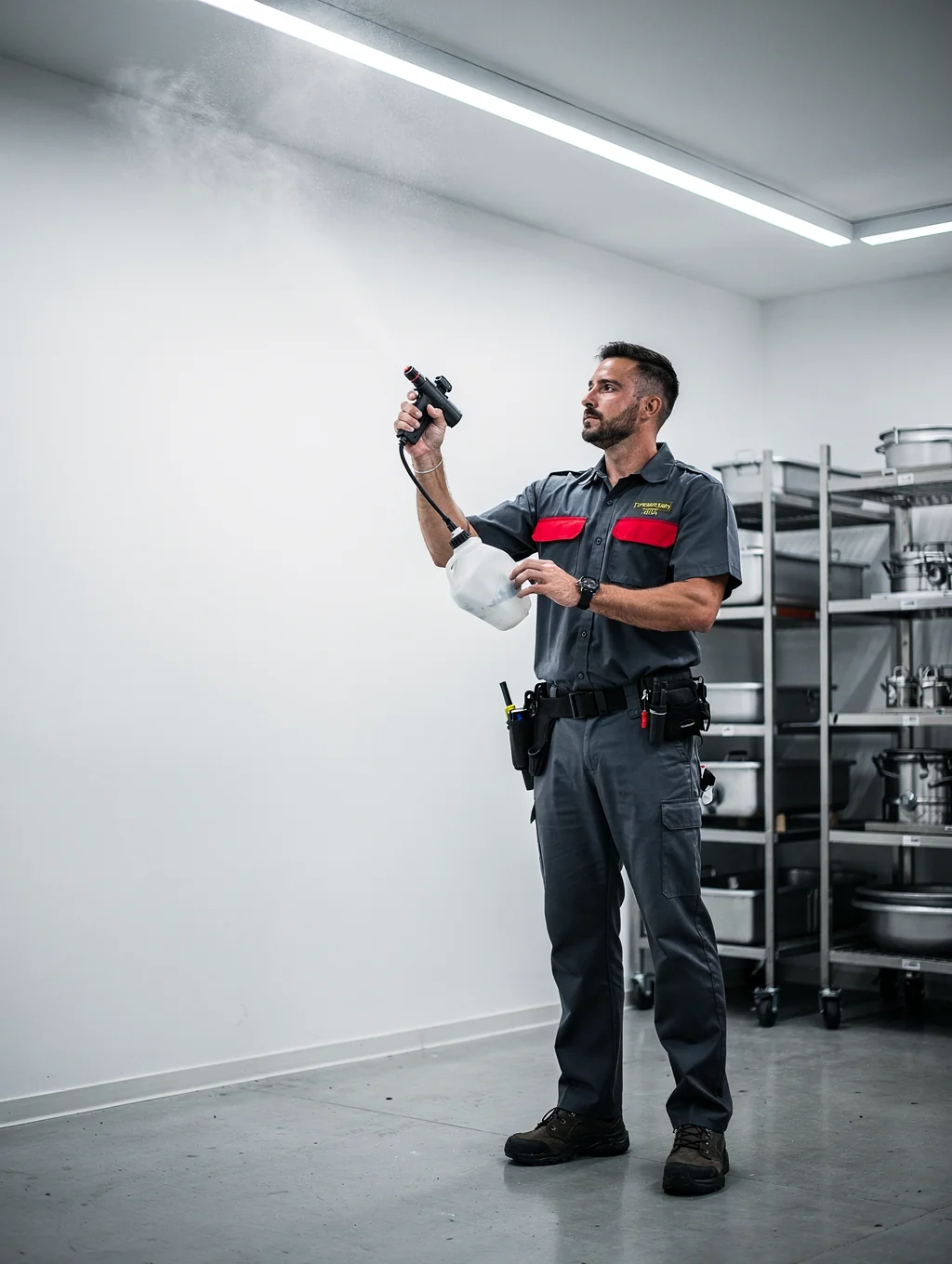 Certified technician performing commercial pest management inspection