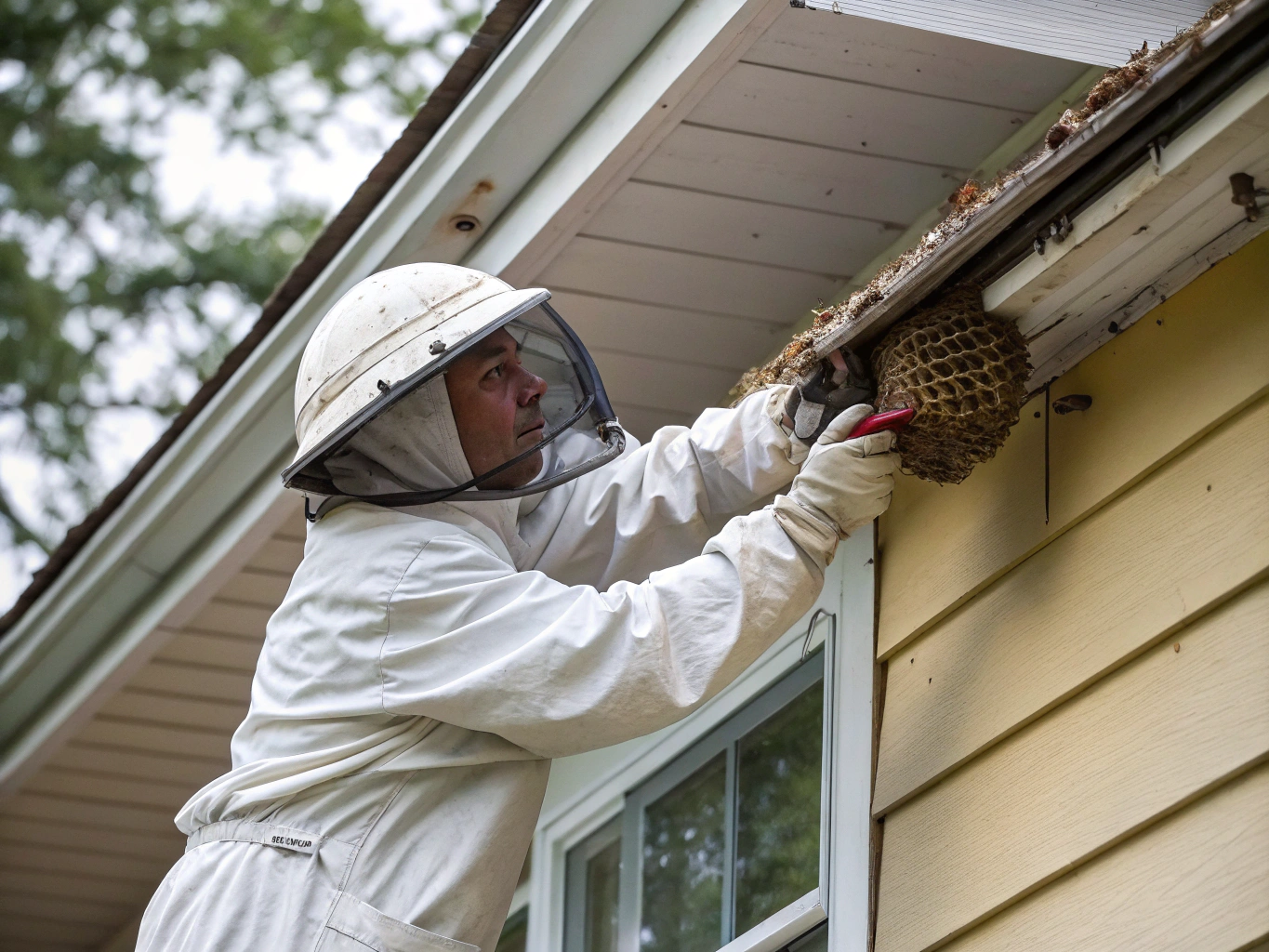 Pest control technician safely treating and removing a wasp nest from exterior wall