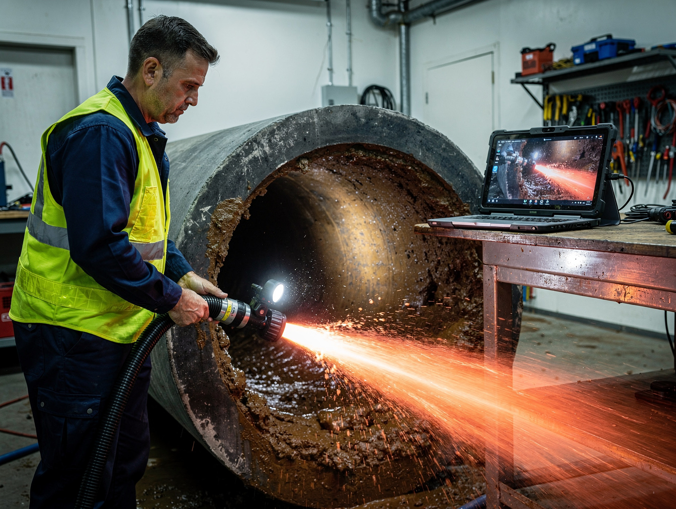 High-velocity hydro drain jetting hose clearing a commercial sewer line