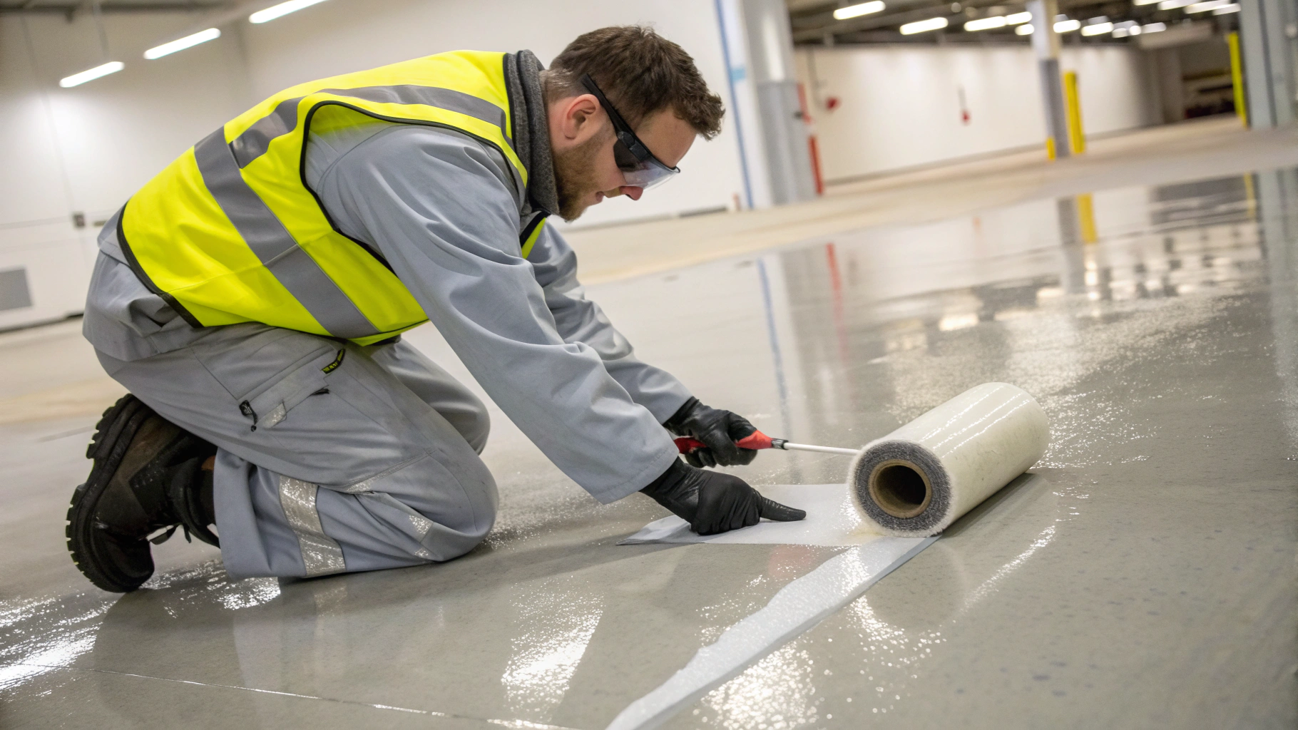 Technician inspecting and testing barrier seals before concrete pour