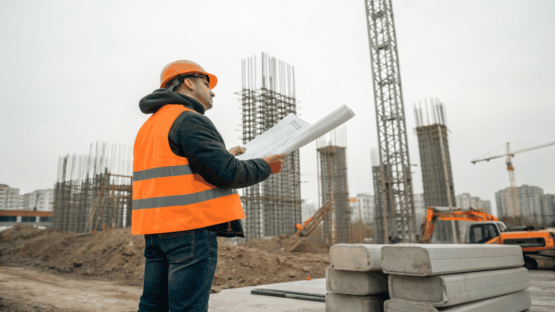 Technician inspecting site conditions and reviewing architectural foundation drawings